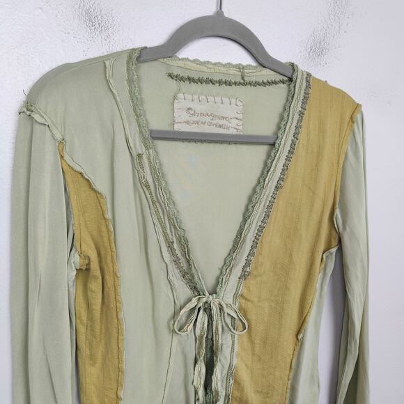 Vintage Y2K Shangana Heaven On Earth Cardigan Women XS Green Patchwork Tie Front - Picture 2 of 9